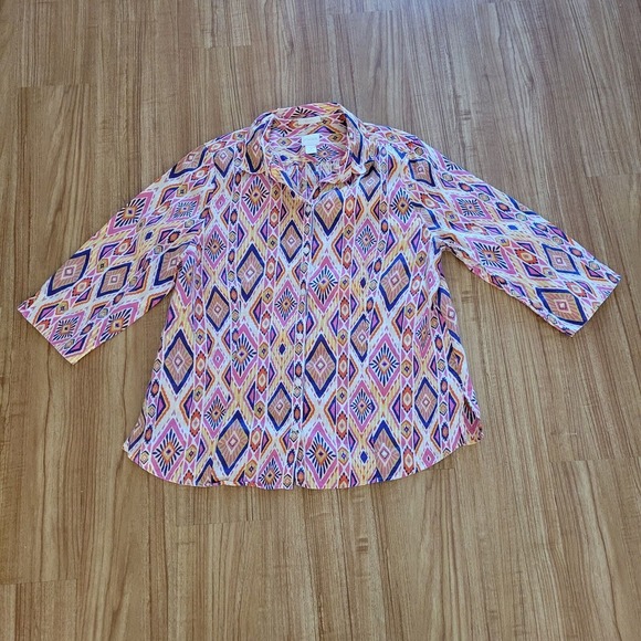 Chicos Top Shirt Womens Large Pink Linen Southwest Button Front Casual Career - Picture 2 of 16